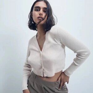 Zara Ecru Ribbed Knitted Crop Cardigan M